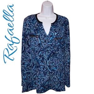 Rafaella Blue Paisley Print Roll Tab Sleeves Trim Tunic Top Women’s Small